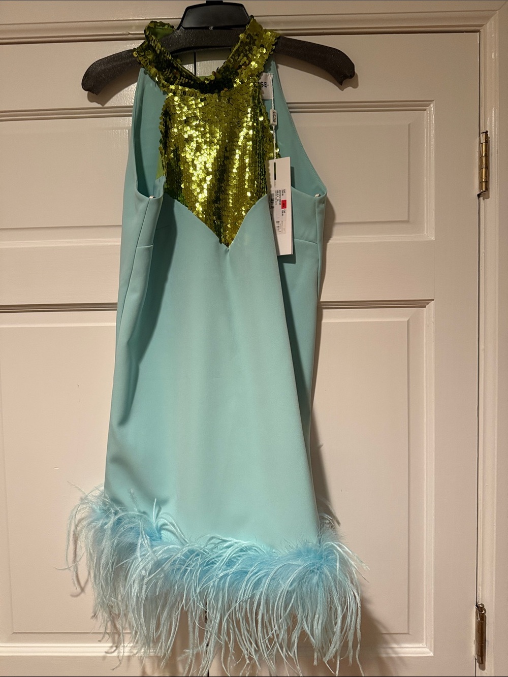 NWT Italian Revise Concept Sequin Halter Dress in Light Aqua and Green